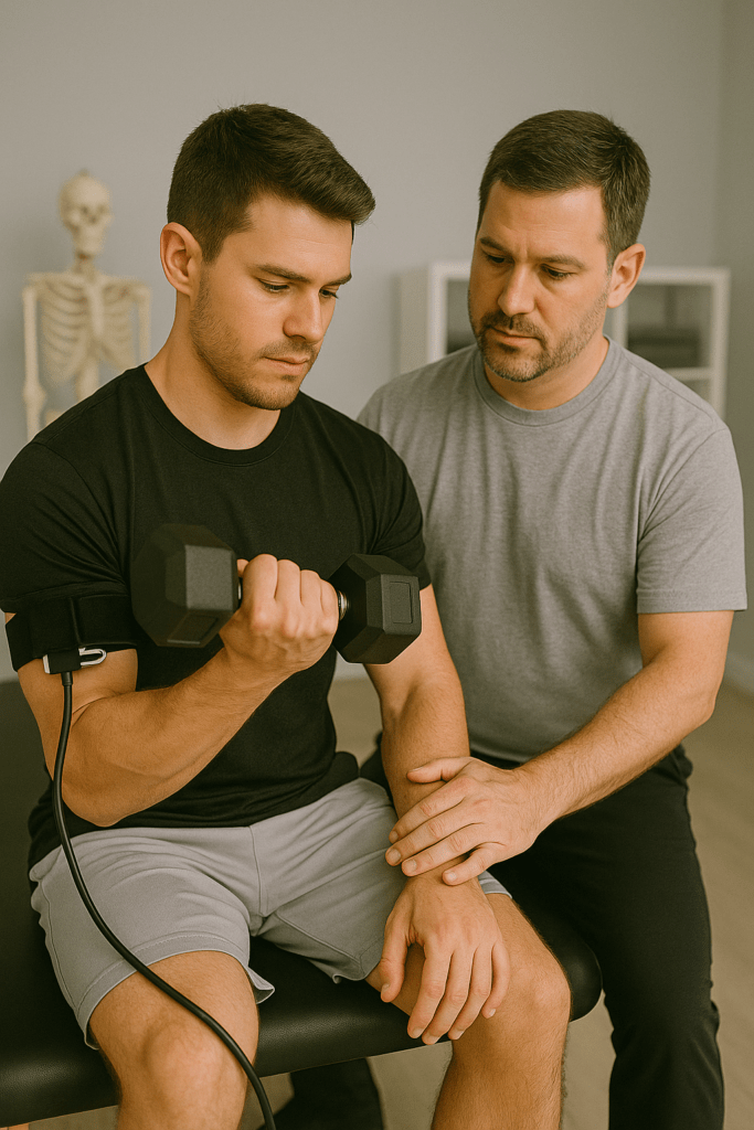 Physical therapist assisting man with arm exercise